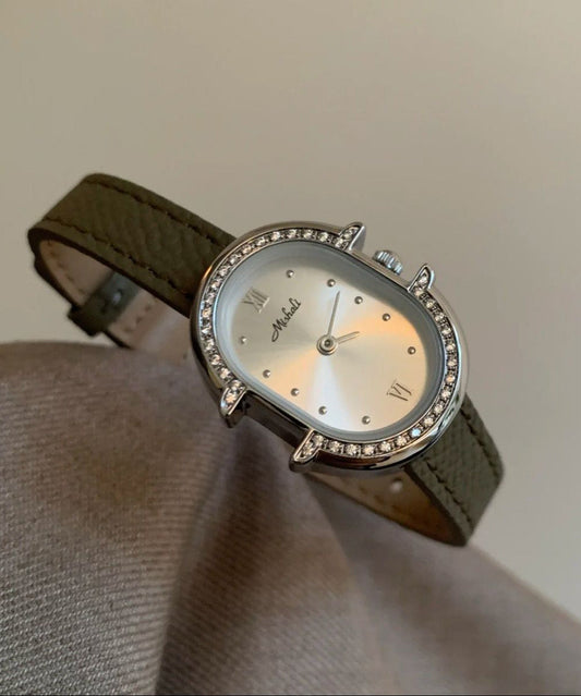 Modern Grey Leather Zircon Reinforced Glass Watches