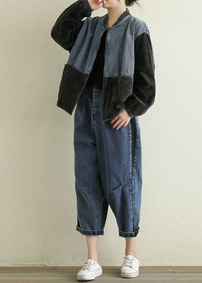 Black Pockets Corduroy Patchwork Denim Jackets Spring