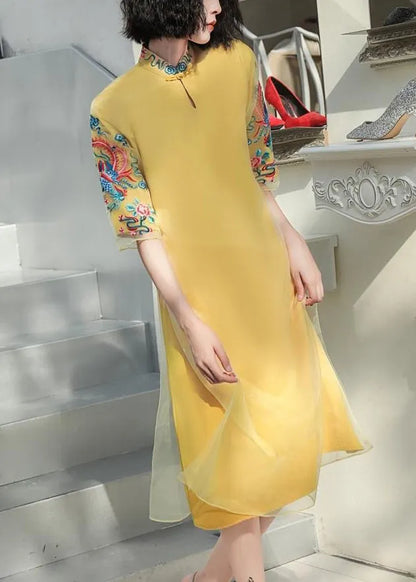 Diy Yellow Stand Collar Embroideried Button Tulle Silk Dress Long Sleeve