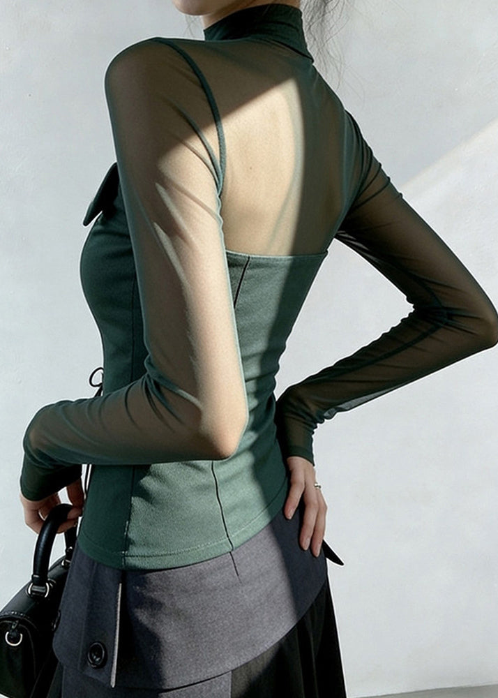 Blackish Green Cross Strap Patchwork Tulle Blouse Tops Spring