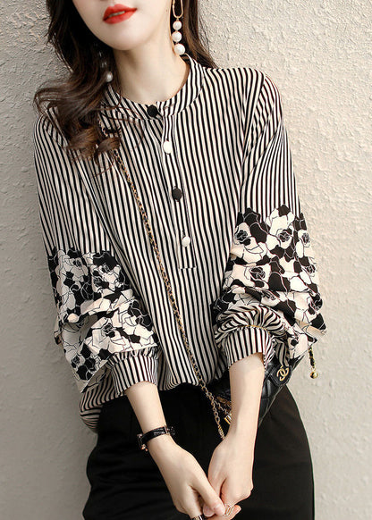 Handmade Black Striped Stand Collar Patchwork Print Chiffon Shirt Long Sleeve Fall