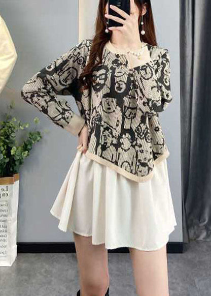 Chocolate Asymmetrical Design Patchwork Print Fall Knit Sweaters