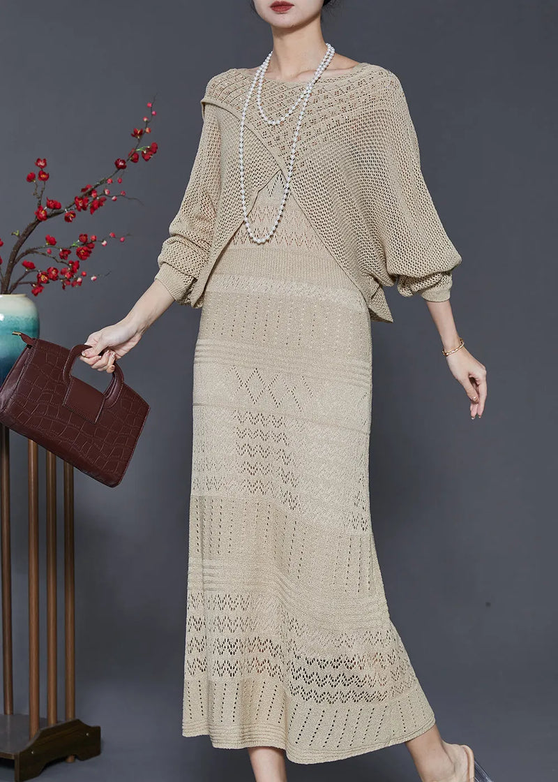 Khaki Hollow Out Knit Dress Two-piece Set Spring