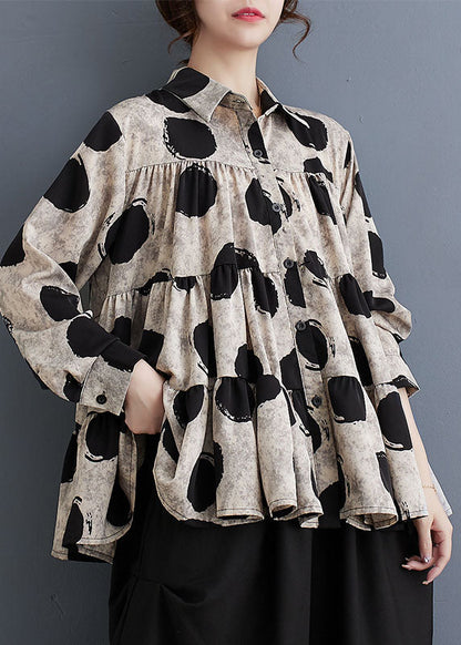 Black Peter Pan Collar Dot Wrinkled Cotton Shirts Fall