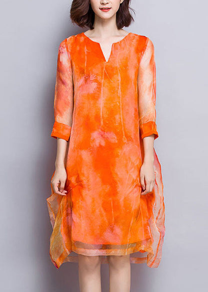 Orange V Neck Print Layered Design Silk Vacation Dress Half Sleeve