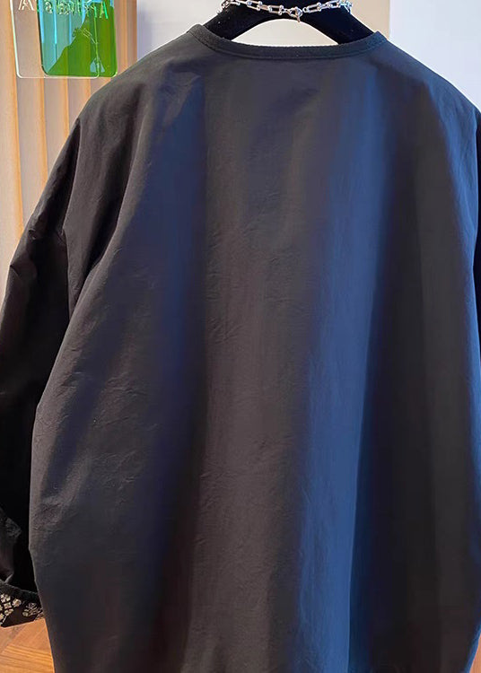 Black Zip Up Patchwork Cotton Jackets Fall