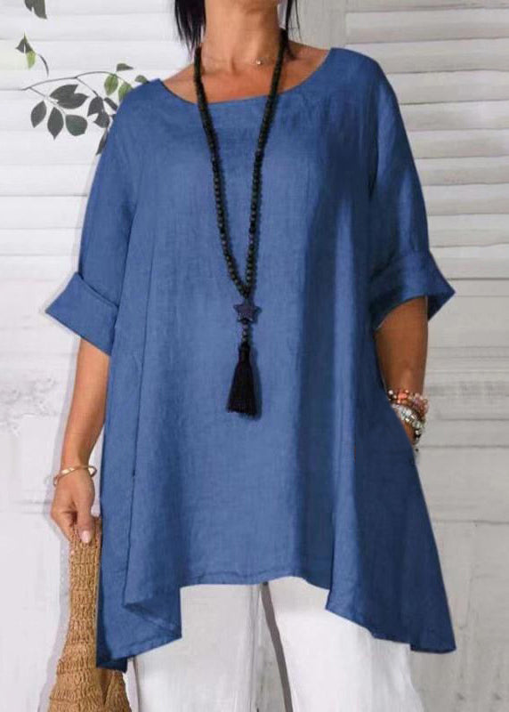 Loose Apricot O Neck Pockets Linen T Shirts Half Sleeve Fall