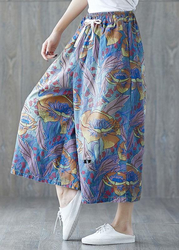 Blue Pockets Print Tie Waist Fall Wide Leg Pants