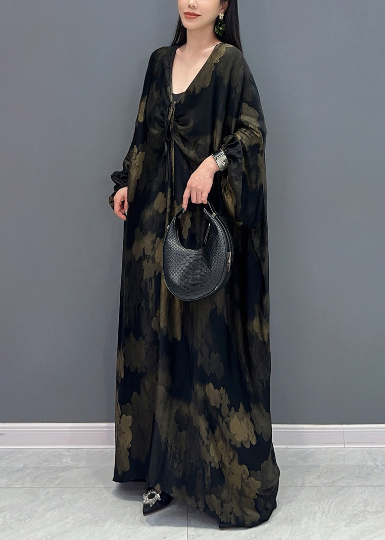 Black V Neck Print Holiday Maxi Dress Long Sleeve