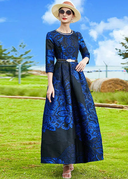 French Blue O-neck Jacquard Sashes Long Dresses Bracelet Sleeve