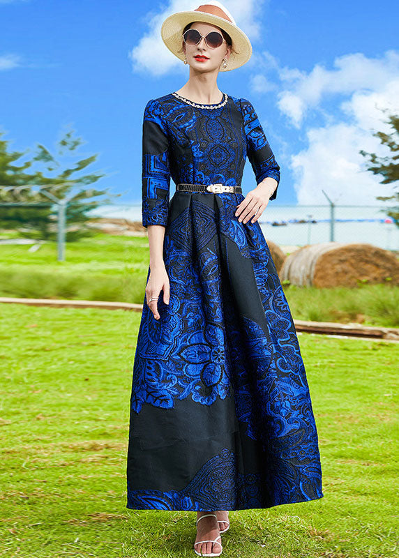 French Blue O-neck Jacquard Sashes Long Dresses Bracelet Sleeve