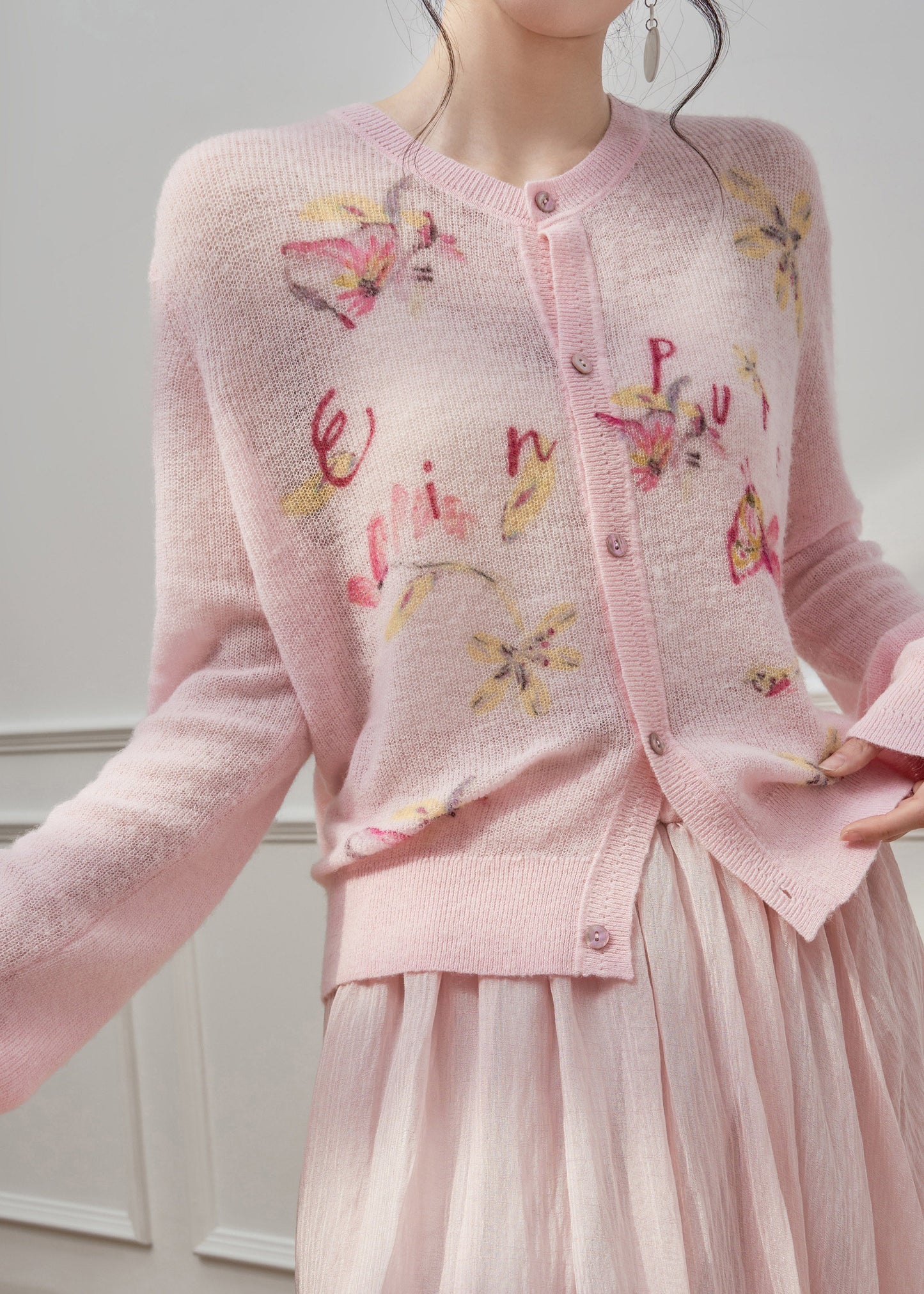 Pink O-neck Print Button Knit Cardigans Spring