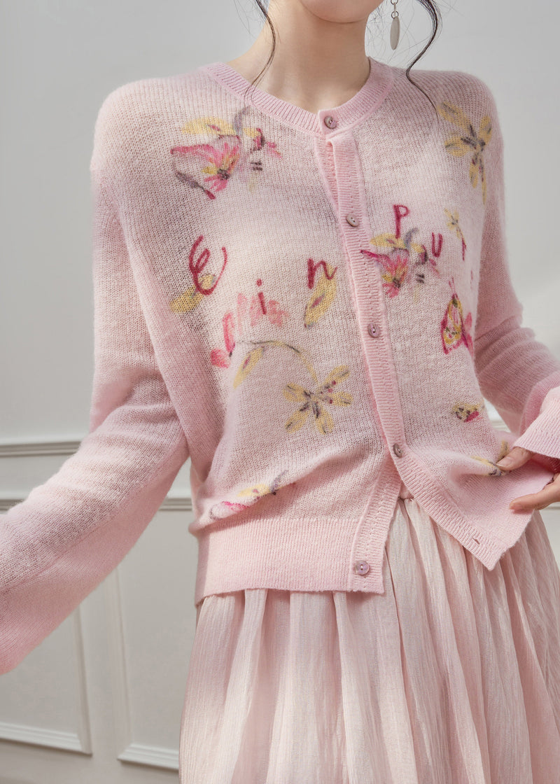 Pink O-neck Print Button Knit Cardigans Spring