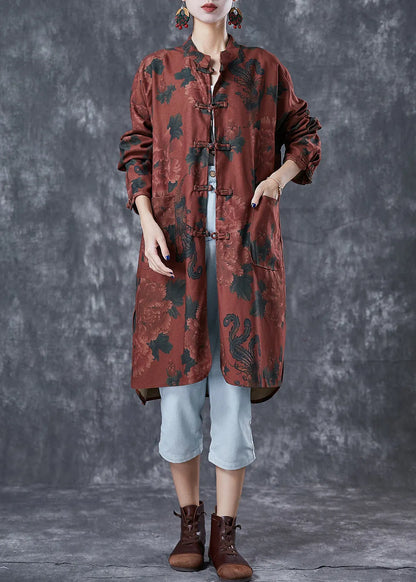 Dull Red Print Linen Chinese Style Shirt Dress Fall