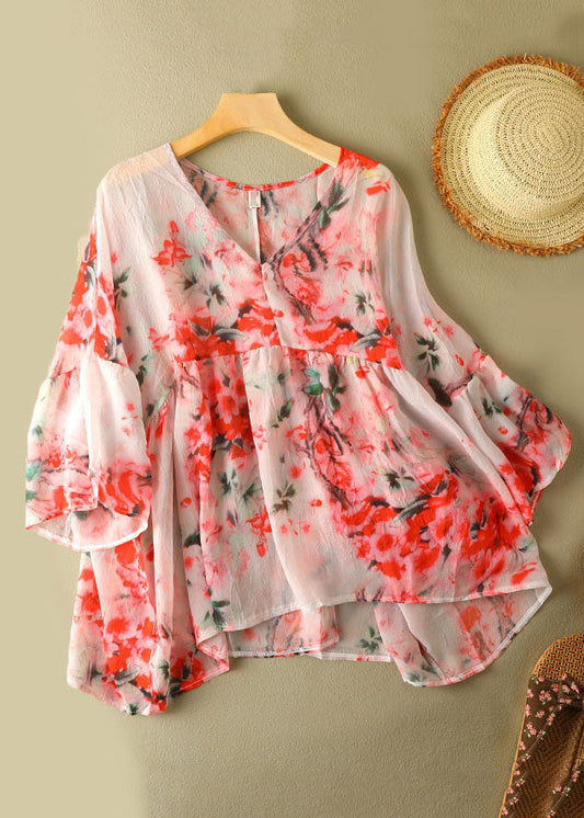 Light Pink Print V Neck Patchwork Wrinkled Cotton Top Short Sleeve