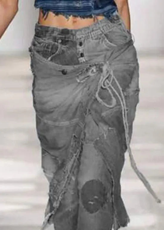 Stylish Blue Pockets Lace Up Patchwork Denim Beam Crop Pants Summer