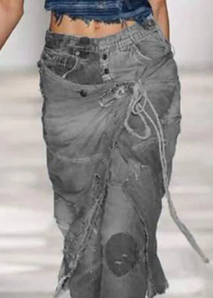 Stylish Blue Pockets Lace Up Patchwork Denim Beam Crop Pants Summer