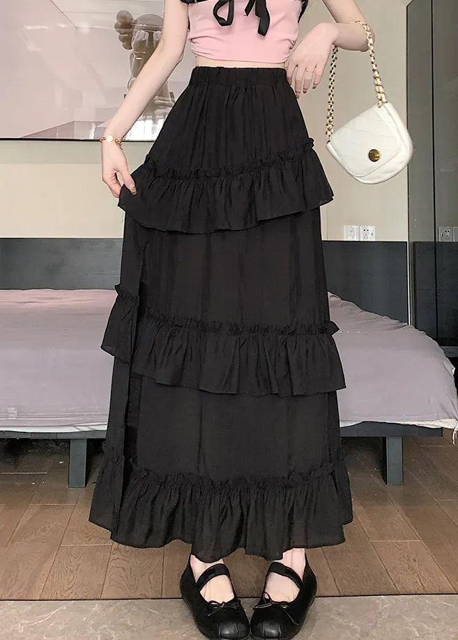 New Black Ruffled Elastic Waist Cotton Skirt Summer