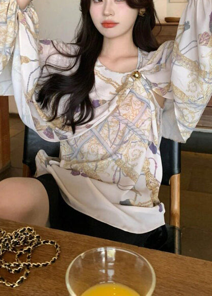 Beige Asymmetrical Print Chiffon Shirt Spring