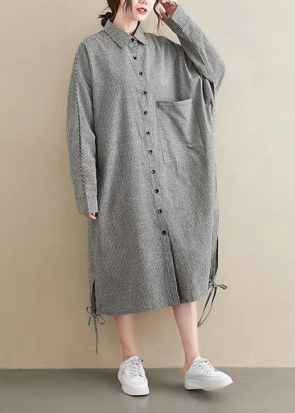 Loose Grey Striped Turn-down Colla Maxi Spring Cotton Dress