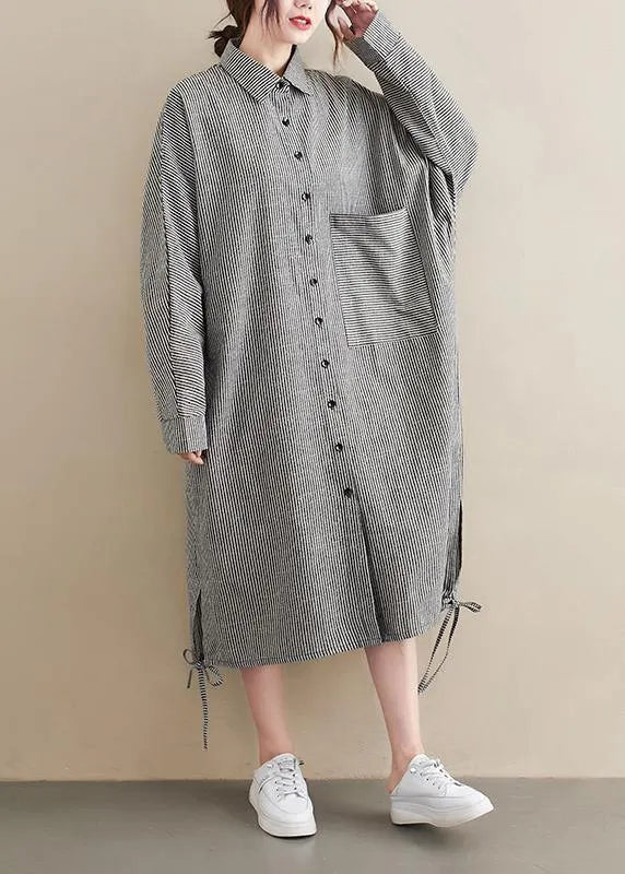 Loose Grey Striped Turn-down Colla Maxi Spring Cotton Dress