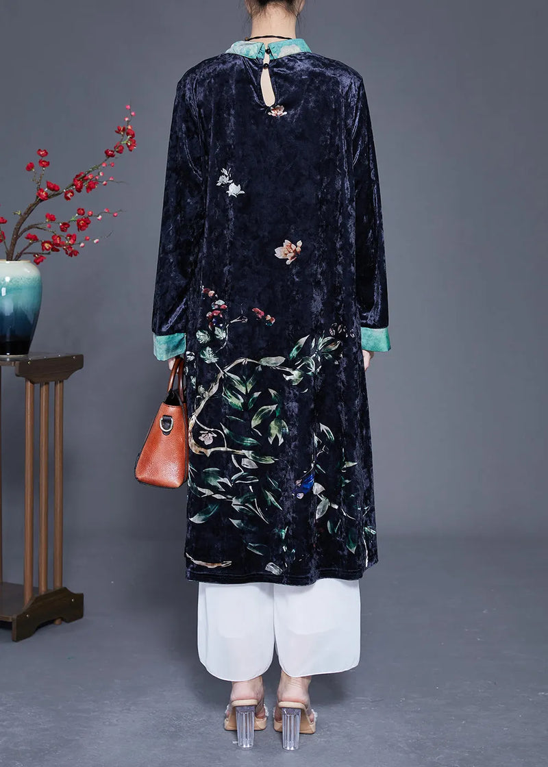 Black Print Patchwork Silk Velour Vacation Dresses Spring