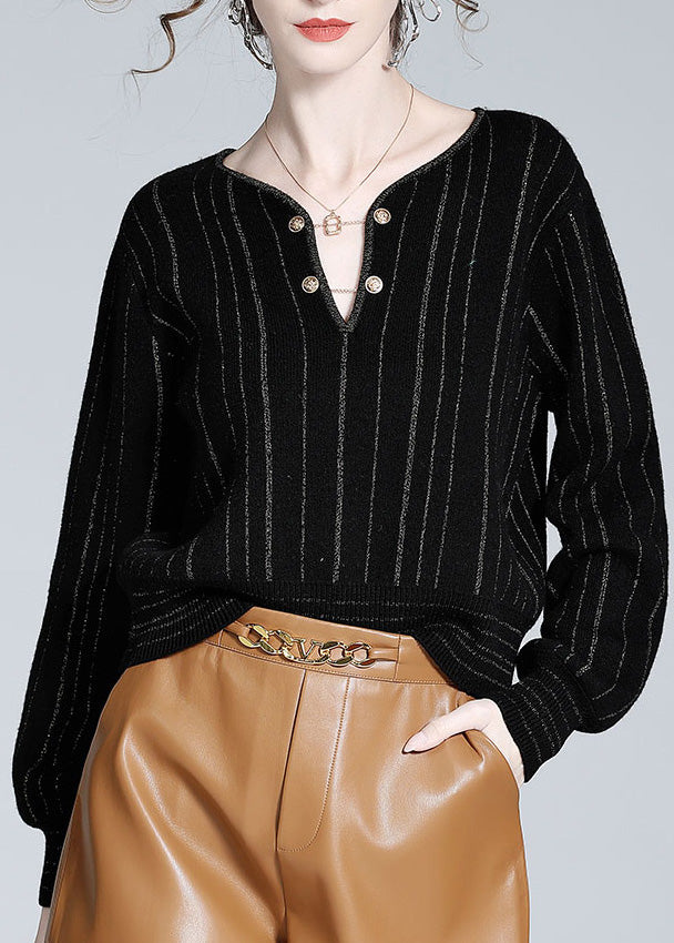 Black V Neck Striped Button Woolen Top Spring