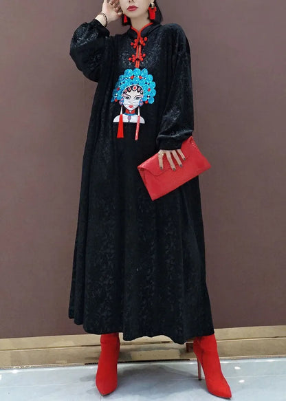 Black Oriental Velour Long Dresses Spring
