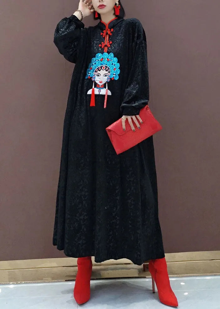 Black Oriental Velour Long Dresses Spring