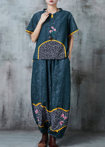 Green Embroidered Patchwork Oriental Two-piece Set Summer