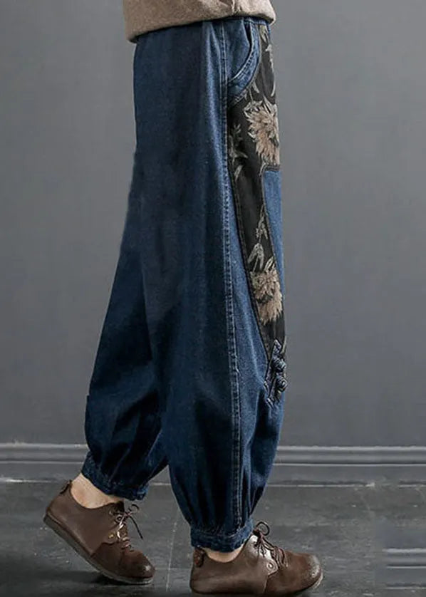 Denim Blue Elastic Waist Embroideried Pockets Cotton Harem Pants Spring