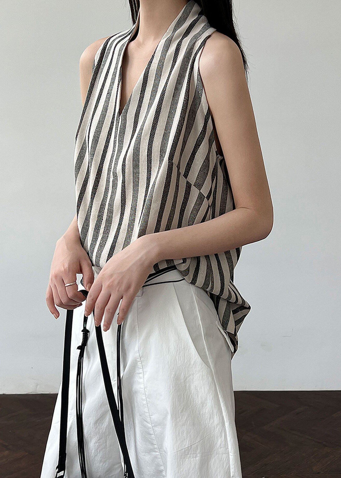 Black V Neck Striped Cotton Top Sleeveless