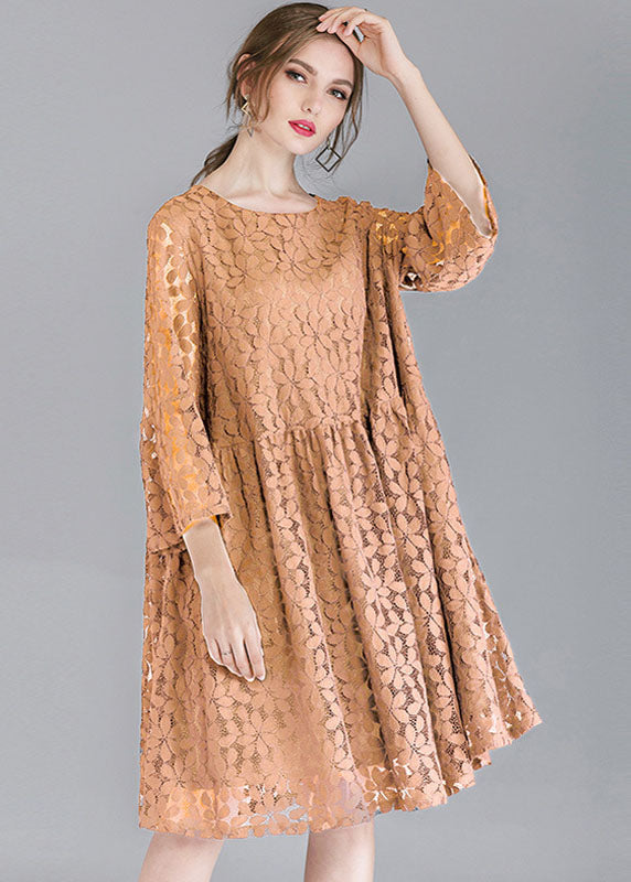 Simple Pink Khaki O-neck Color Lace Party Dresses Bracelet Sleeve