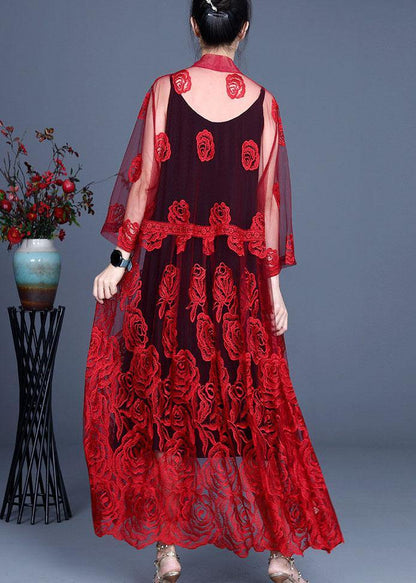French Red Embroideried Tulle Cardigan Long
