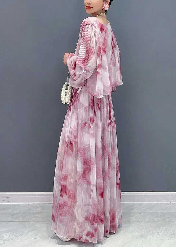 Red O-neck Chiffon Shirts and Maxi Skirts Two Pieces Set Fall