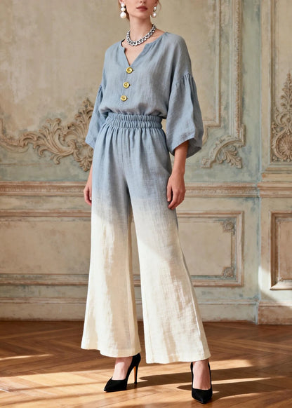 Gradient Color V Neck Patchwork Linen Two Pieces Set Summer