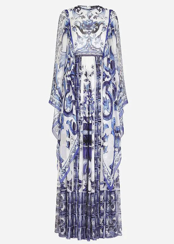 Blue O-neck Print Chiffon Maxi Dress Cloak Sleeves