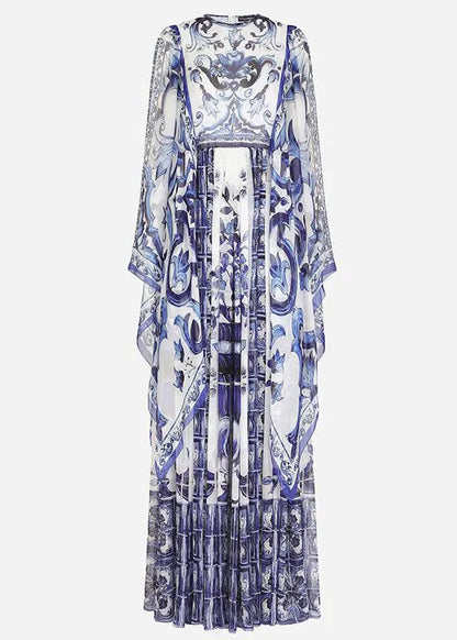 Blue O-neck Print Chiffon Maxi Dress Cloak Sleeves
