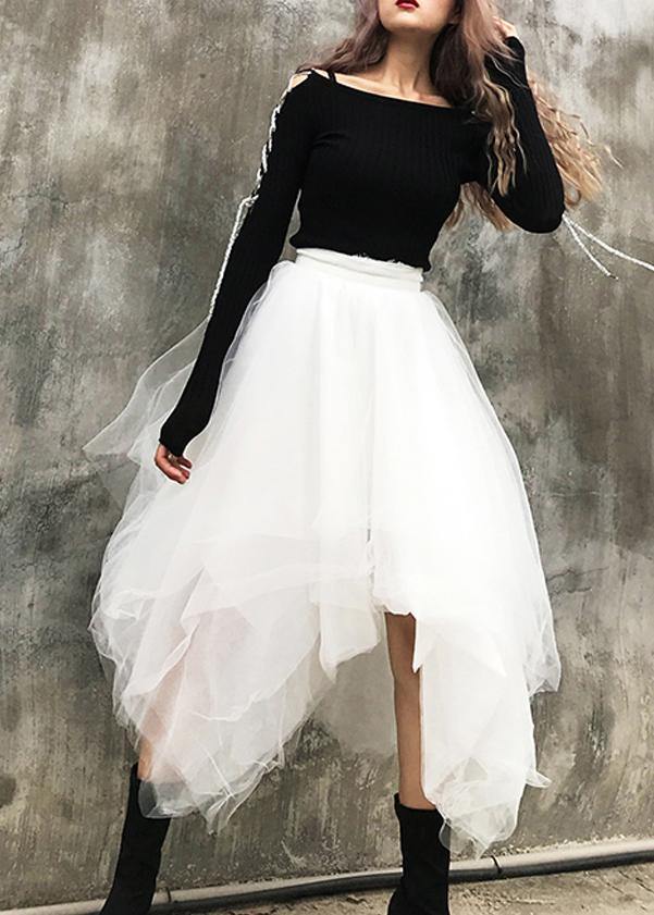Organic White High Waist Asymmetrical Design Summer Tulle Skirt