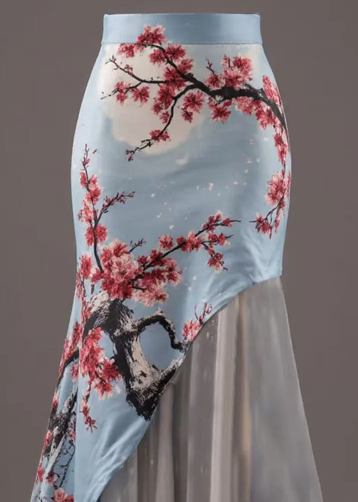 New Blue Asymmetrical Print Patchwork Skirts Summer