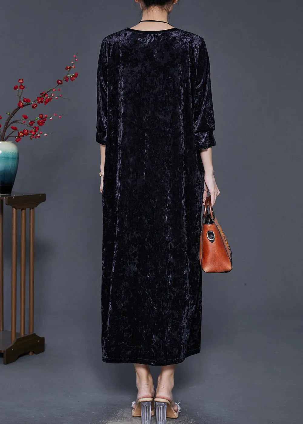 Organic Black Oversized Print Silk Velour Dress Spring