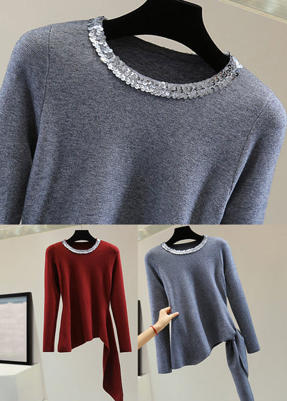 Grey O-neck Tie Waist Cotton Knit Sweater Long Sleeve
