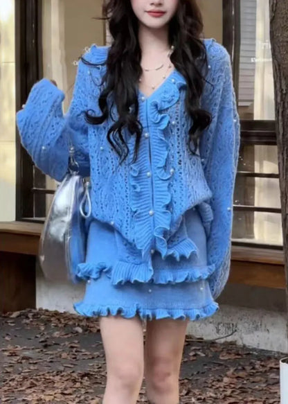 Blue Ruffled Nail Bead Knit Two Piece Set Winter