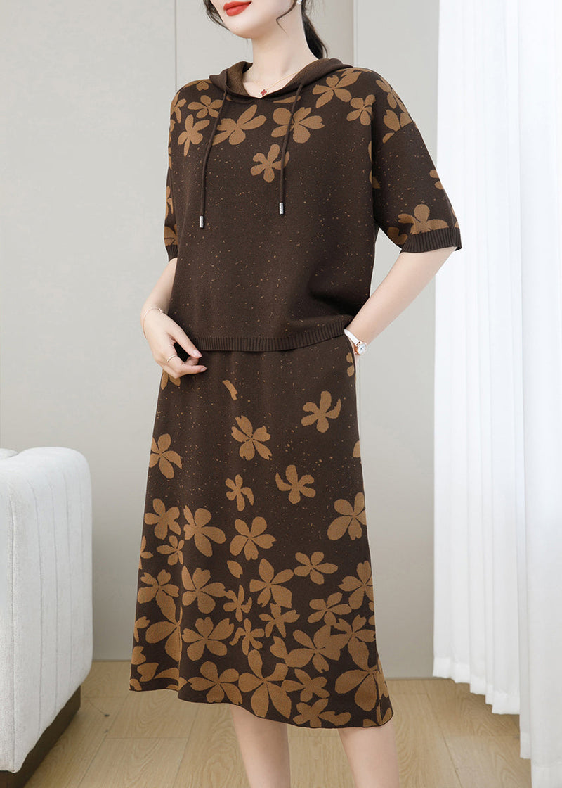 Coffee Jacquard Hooded Patchwork Knit Two Pieces Set Fall