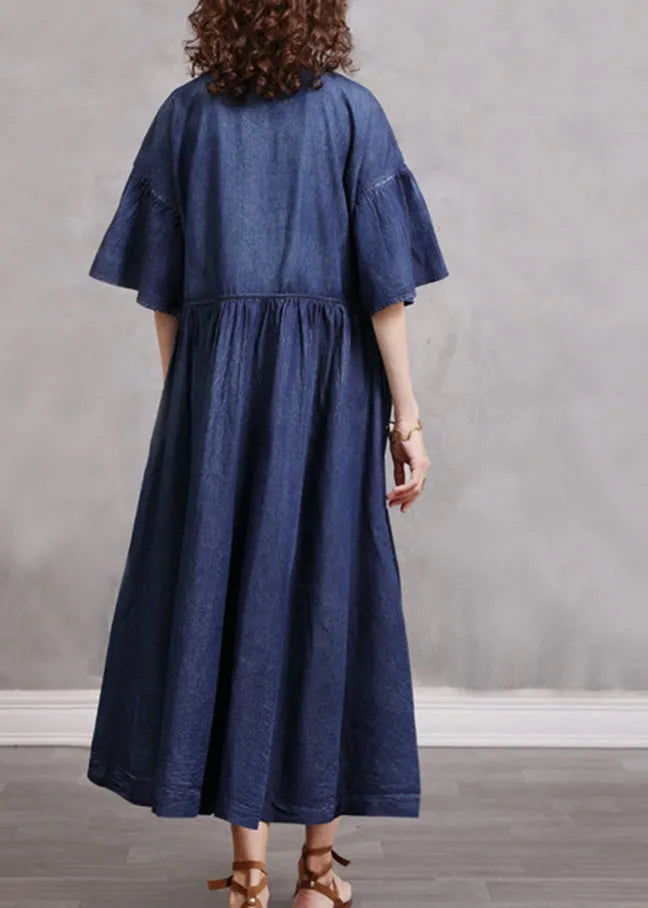 Stylish Blue O-neck Cinched Embroideried Cotton Denim Dresses Butterfly Sleeve