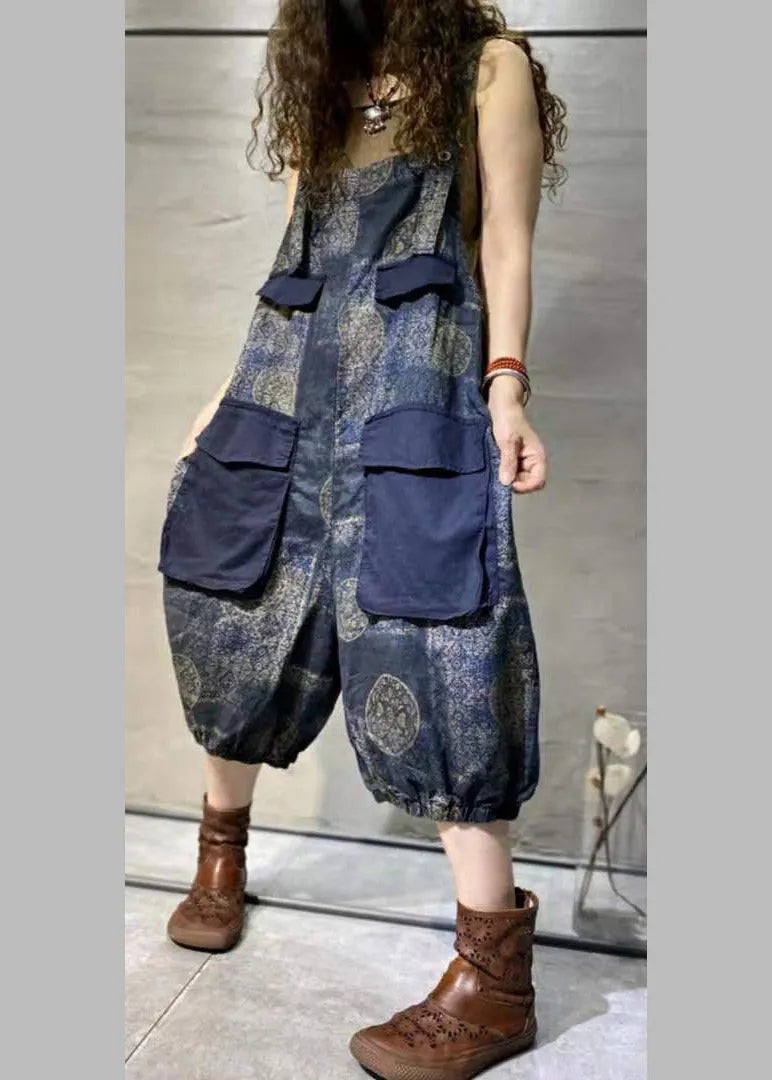 Blue Print Oversized Pockets Patchwork Cotton Denim Jumpsuit Summer