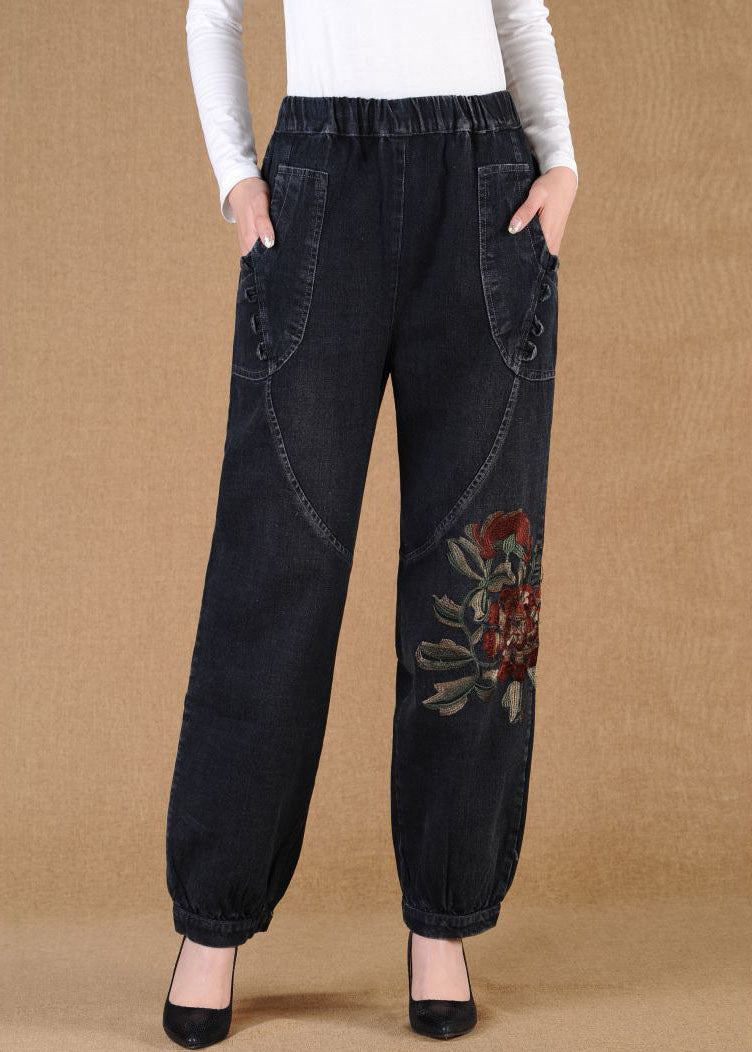 Black Grey Elastic Waist Embroideried Pockets Cotton Denim Lantern Pants Summer