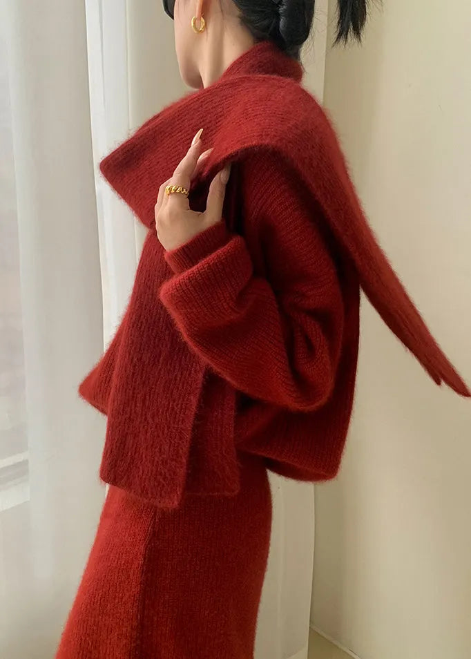 Red O-neck Patchwork Sweaters and Skirts Knit Two Pieces Set Fall