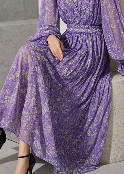 French Lavender Cinched Print Blended Fabric Robe Dresses Fall