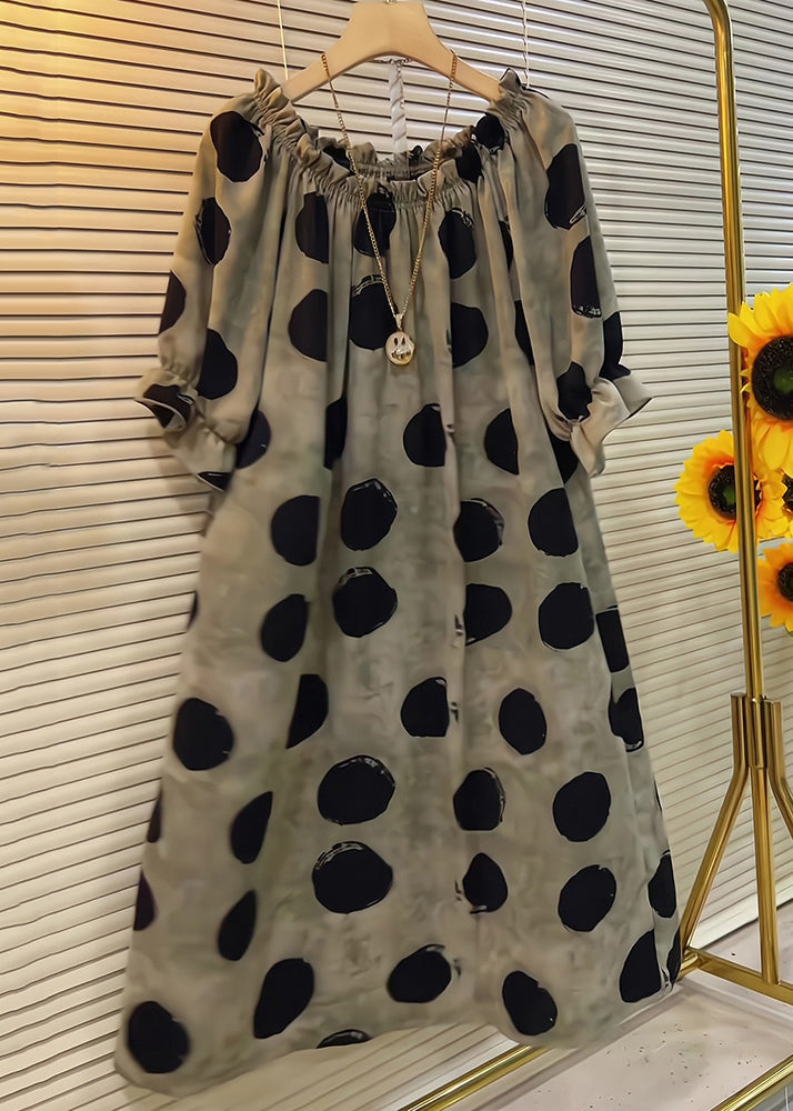 French Khaki Ruffled Dot Cotton Dress Butterfly Sleeve Summer